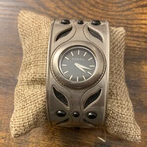 Fossil Silver Tone Metal Cuff Watch with Black Dial